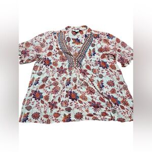 Floral Boho Blouse with V-Neck Embroidery